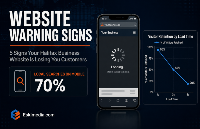 Dark banner titled Website Warning Signs listing signs a Halifax business website is losing customers