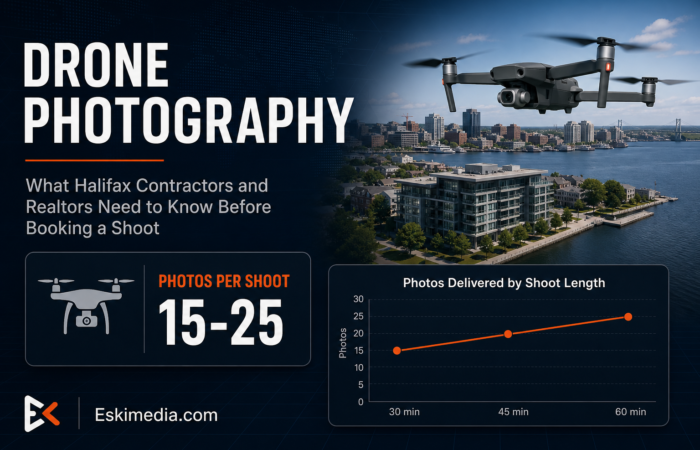 Dark title banner reading Drone Photography for Halifax contractors and real estate agents