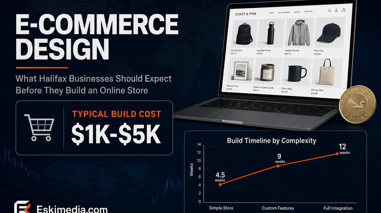 Bloomberg-style banner reading E-Commerce Design covering Halifax e-commerce website design cost and build timeline
