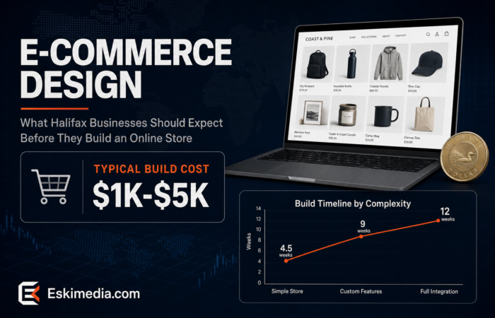 Bloomberg-style banner reading E-Commerce Design covering Halifax e-commerce website design cost and build timeline