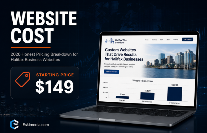 Dark banner titled Website Cost showing 2026 Halifax website pricing breakdown starting at 149 dollars