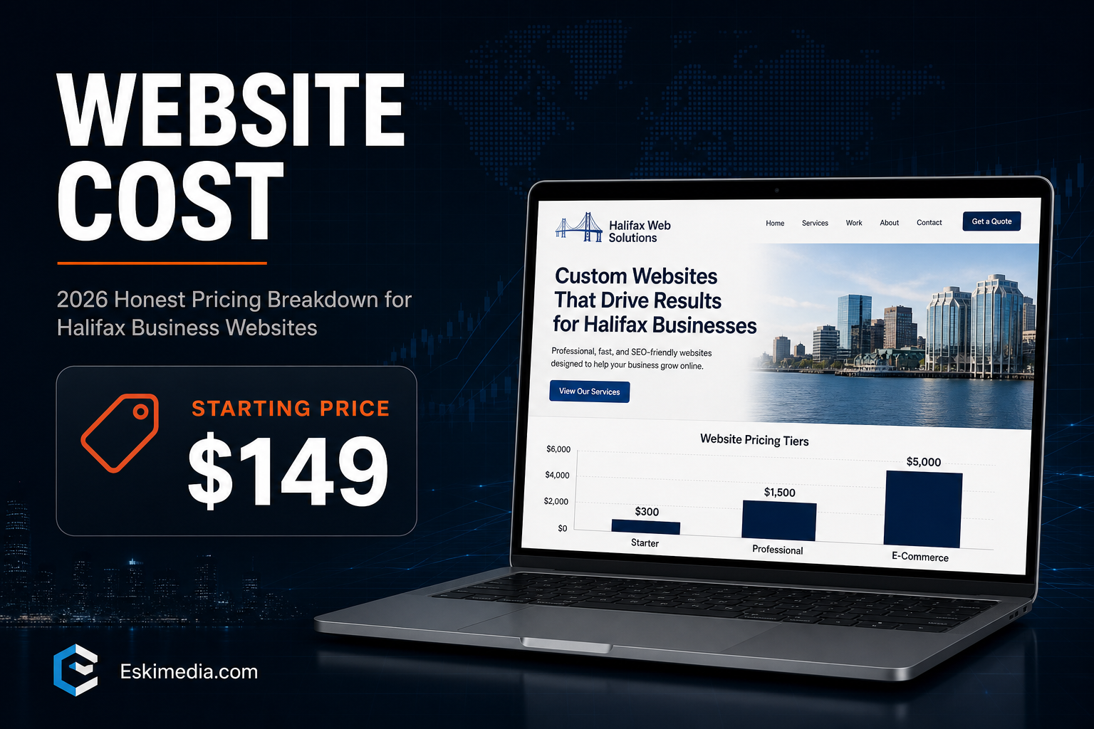 Dark banner titled Website Cost showing 2026 Halifax website pricing breakdown starting at 149 dollars
