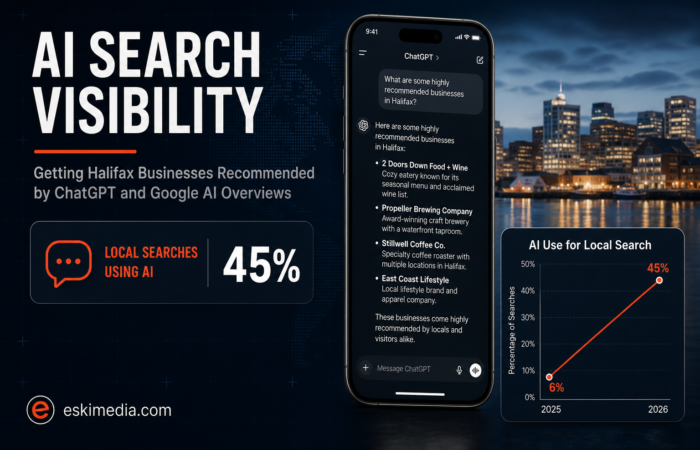 Local SEO guide for Halifax businesses on getting recommended by ChatGPT and Google AI Overviews, showing AI use for local search rising to 45 percent in 2026