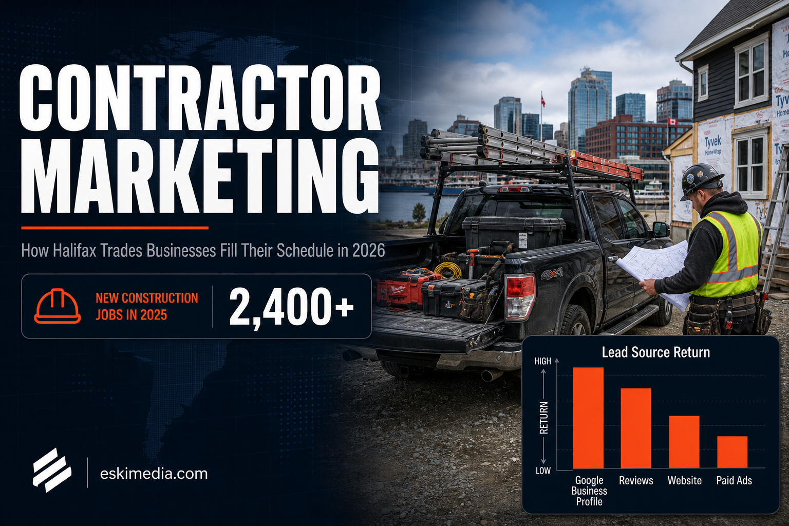 Halifax contractor marketing guide covering Google Business Profile, reviews and website strategy to fill trades schedules with higher-value jobs, referencing 2,400 new Halifax construction jobs added in 2025
