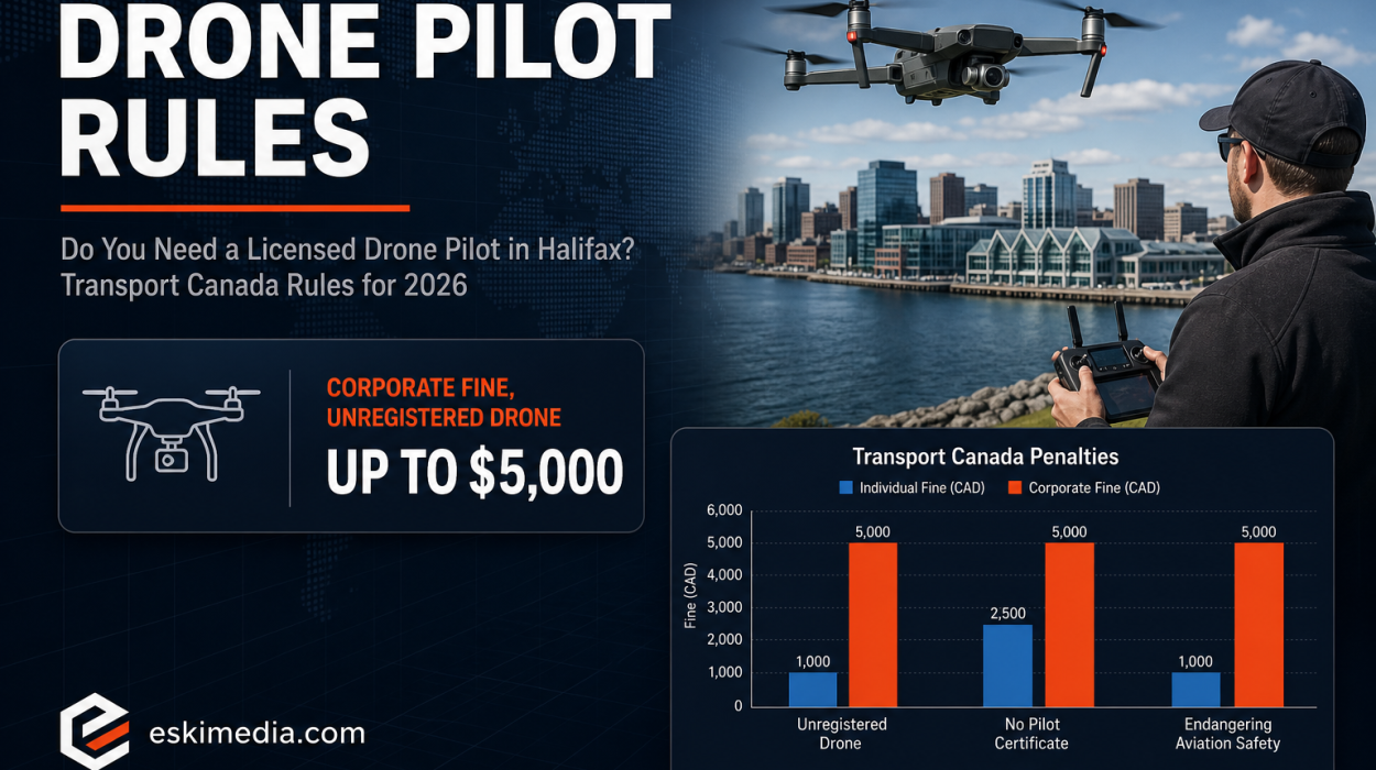 Transport Canada drone pilot licensing rules for commercial drone work in Halifax in 2026, showing fines up to $5,000 for corporations flying unregistered drones