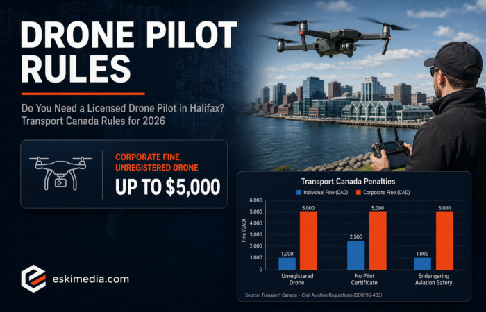 Transport Canada drone pilot licensing rules for commercial drone work in Halifax in 2026, showing fines up to $5,000 for corporations flying unregistered drones