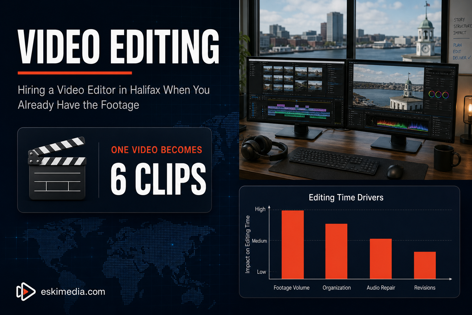 Guide to hiring a video editor in Halifax to turn unused raw footage into finished videos, showing how one existing video can be recut into six social media clips
