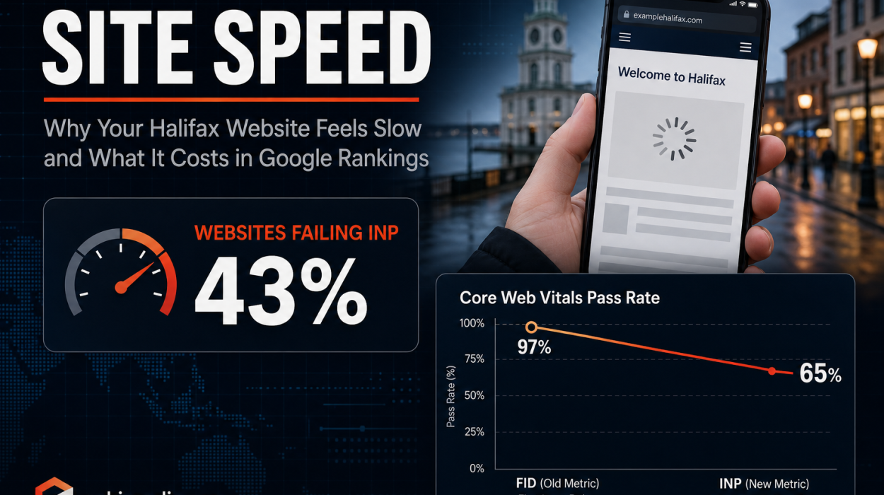 Halifax website speed and Core Web Vitals guide showing that 43 percent of sites fail Google's INP threshold and how load delays reduce conversions