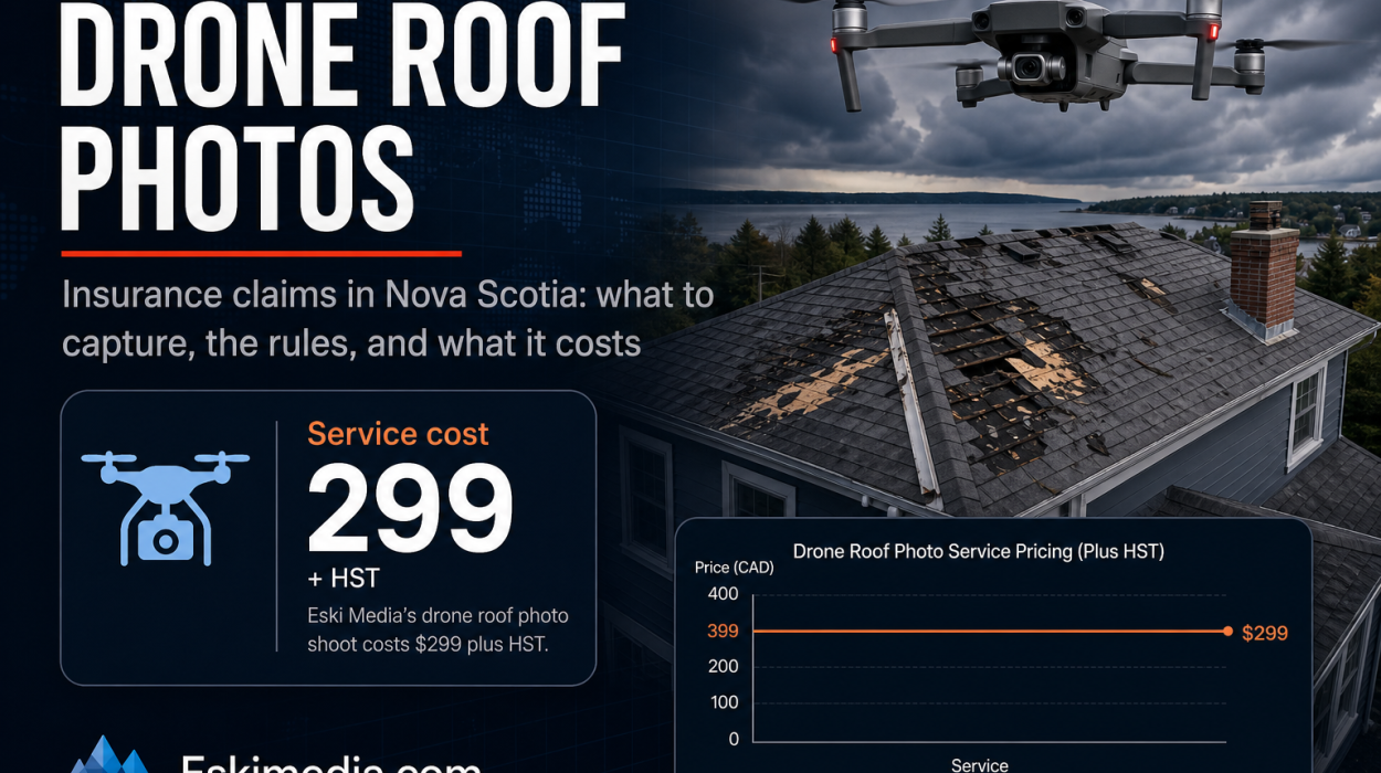Drone photos for insurance claims in Nova Scotia, showing storm-damaged residential roof documentation, service pricing, and the rules for flying a drone over a house.