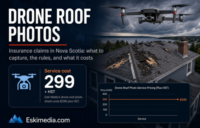 Drone photos for insurance claims in Nova Scotia, showing storm-damaged residential roof documentation, service pricing, and the rules for flying a drone over a house.