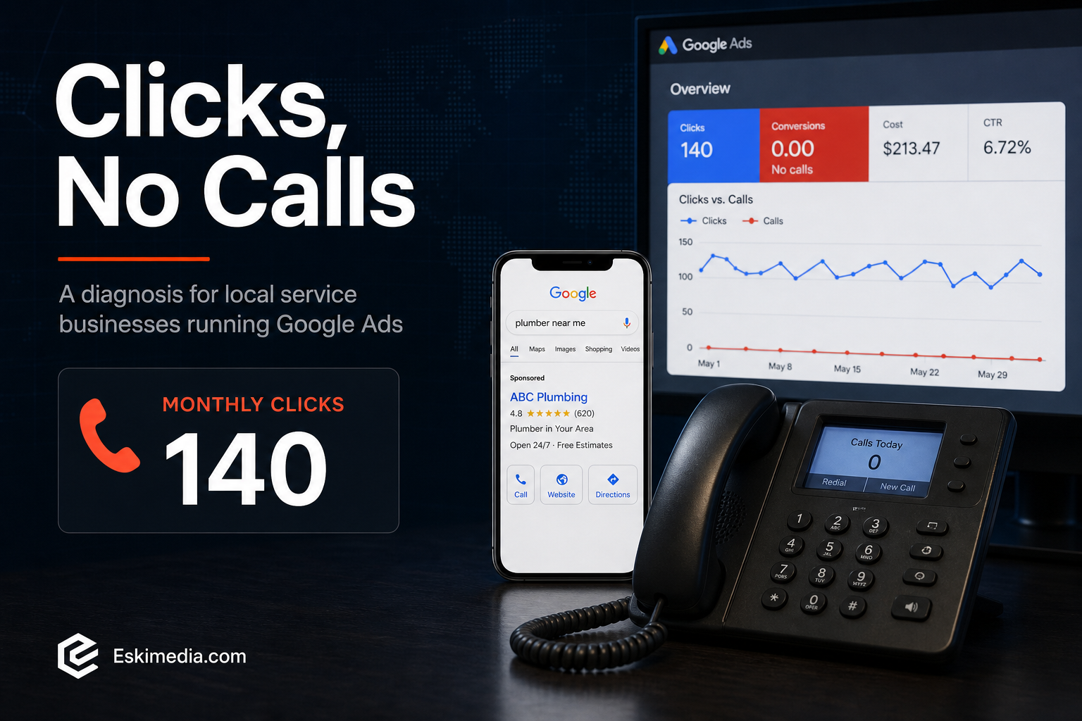 Google Ads performance problem for local service businesses, where clicks are coming in but phone calls are not converting.