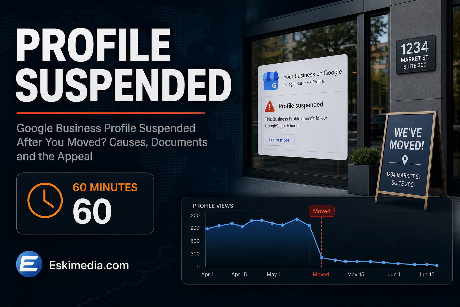 A business profile suspension after a company move, with document and appeal timing details for Google Business Profile recovery.