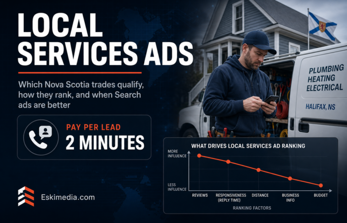 Google Local Services Ads in Nova Scotia for trades, showing eligibility, screening, ranking factors like reviews and responsiveness, and when Search ads may be a better option.