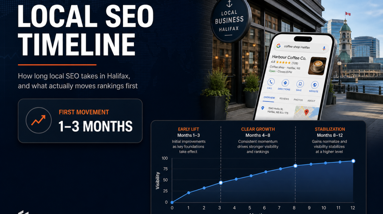 Halifax local SEO timeline showing when small businesses can expect early ranking movement, with a 1–3 month first shift and longer-term growth over six to twelve months.