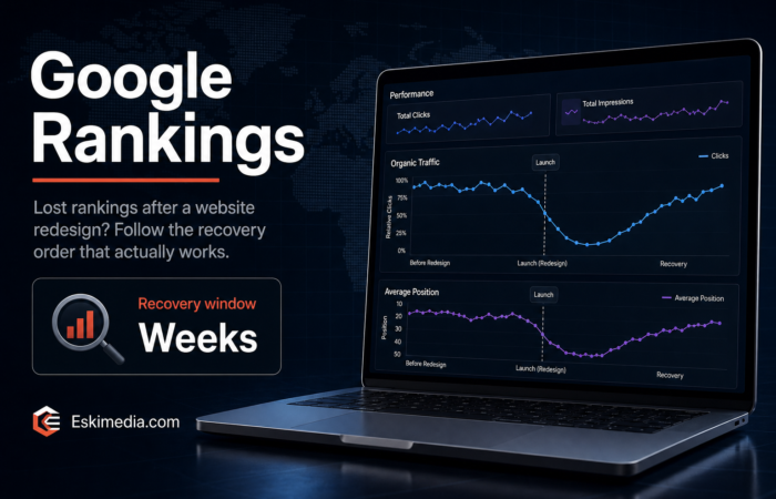 Editorial illustration about recovering lost Google rankings after a website redesign, showing a search traffic drop, redirects, content checks, and SEO recovery tracking.