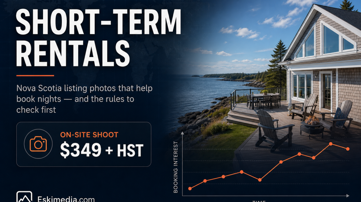 A Nova Scotia short-term rental listing strategy featuring coastal property photos, registration rules, and the importance of strong listing images to attract bookings.