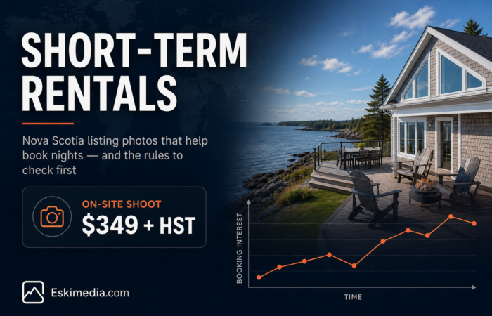 A Nova Scotia short-term rental listing strategy featuring coastal property photos, registration rules, and the importance of strong listing images to attract bookings.