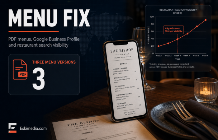 Halifax restaurant menu optimization concept showing PDF menus, a website menu page, and Google Business Profile visibility improvements.