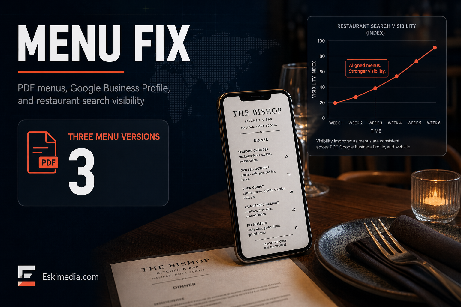 Halifax restaurant menu optimization concept showing PDF menus, a website menu page, and Google Business Profile visibility improvements.
