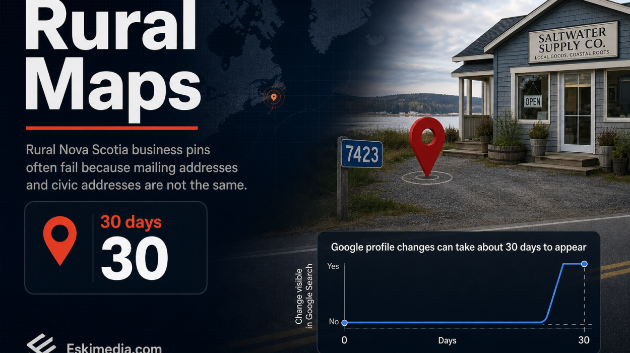 A rural Nova Scotia business location problem involving Google Maps pins, civic addresses, verification postcards, and correcting map listings for accurate directions.