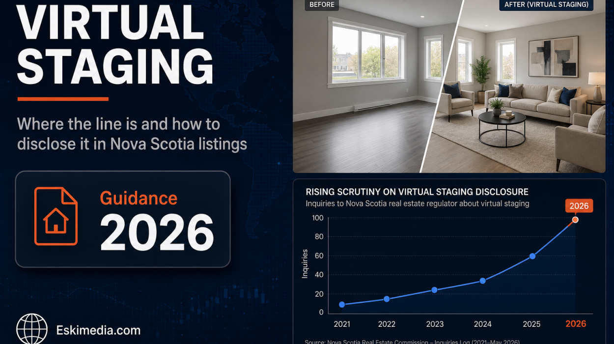 A staged living room listing image with disclosure-focused messaging about virtual staging rules and proper labeling in Nova Scotia real estate.