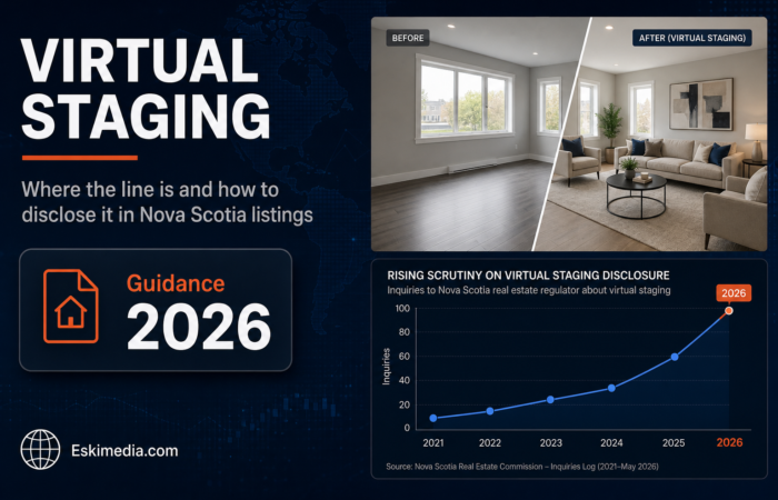 A staged living room listing image with disclosure-focused messaging about virtual staging rules and proper labeling in Nova Scotia real estate.