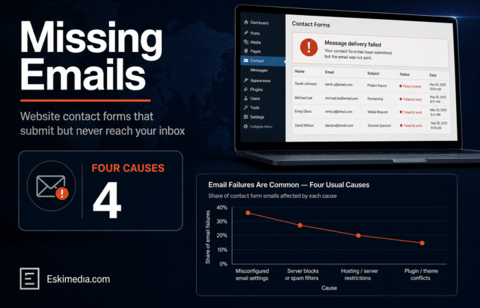 A website contact form can appear to work while its emails fail to reach the inbox because of four common issues: sender address, PHP mail, SPF and DKIM, or the wrong mailbox.